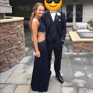 Navy blue rhinestone open back prom dress